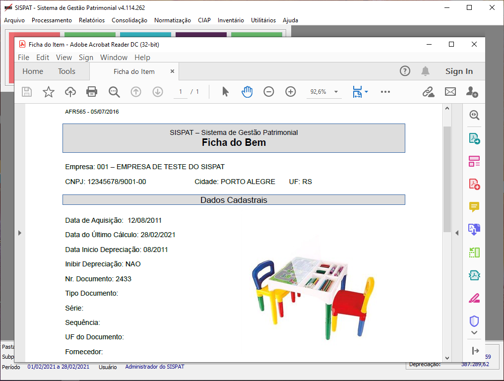 Ficha do bem gerada pelo Sispat em PDF, com dados cadastrais e foto do item